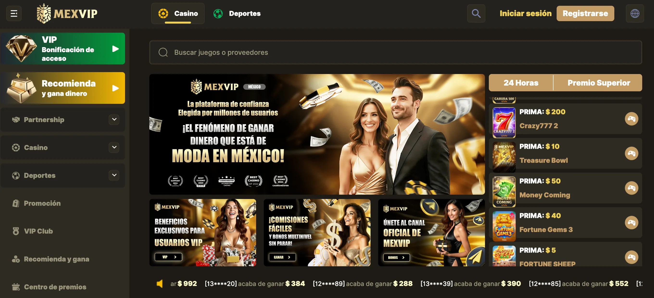 MexVip Casino — página principal con interfaz en español